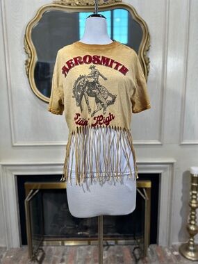 Aerosmith Graphic Tee Medium Fringed Crop Top Western Rocker Chic